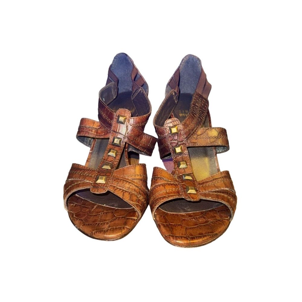 Stuart Weitzman Studded Heel Sandal Sz 7 M Brown Croc Embossed Leather Open Toe
